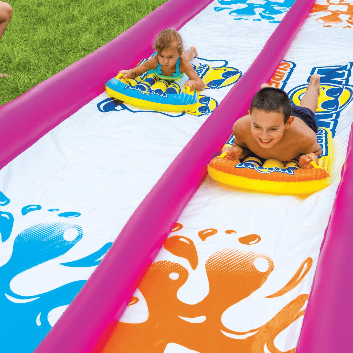 WOW Watersports Giant Backyard Double Lane Lawn Slide, Heavy Duty PVC and 2 Inflatable Sleds