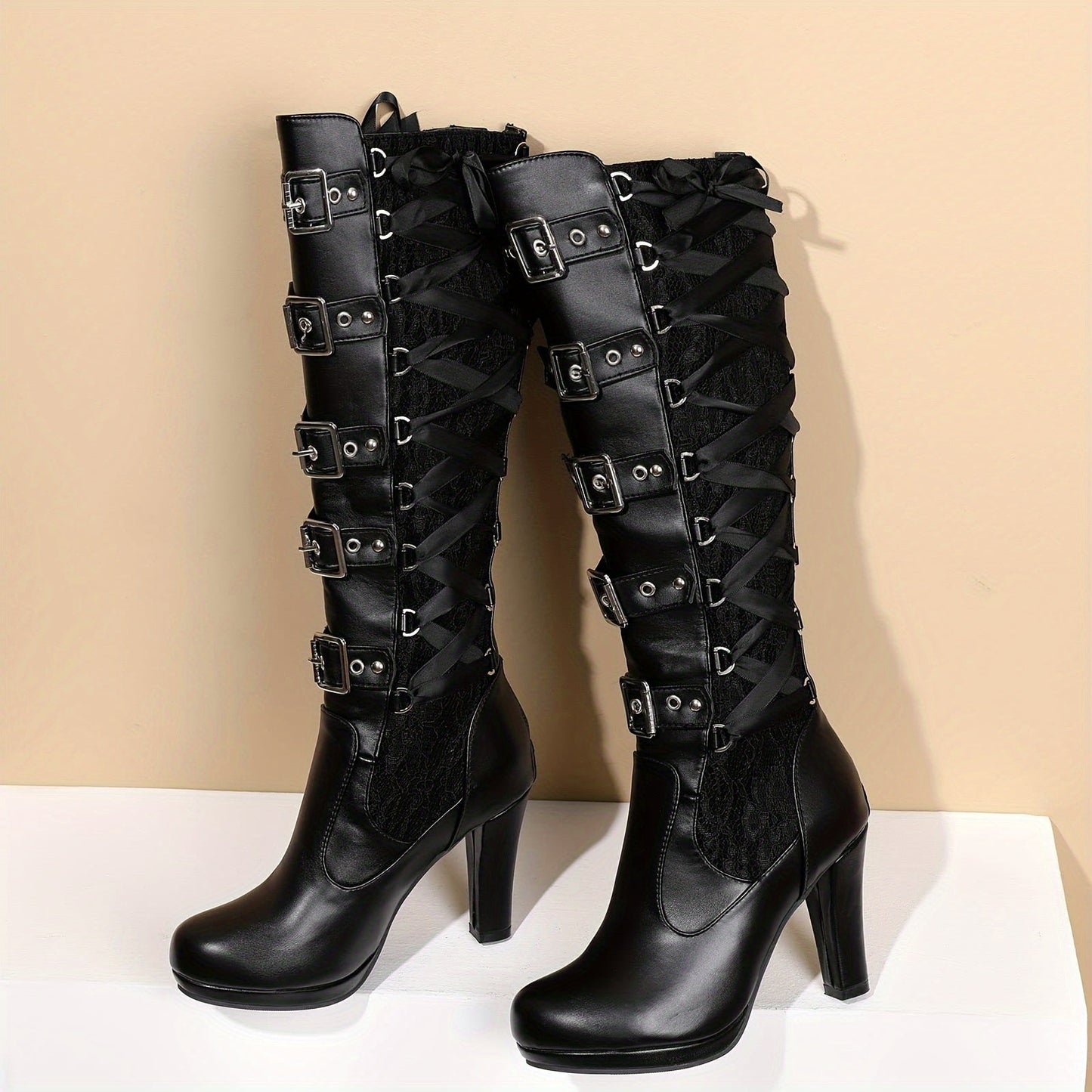 Platform Punk Tall Goth Buckled KneeHigh Boots