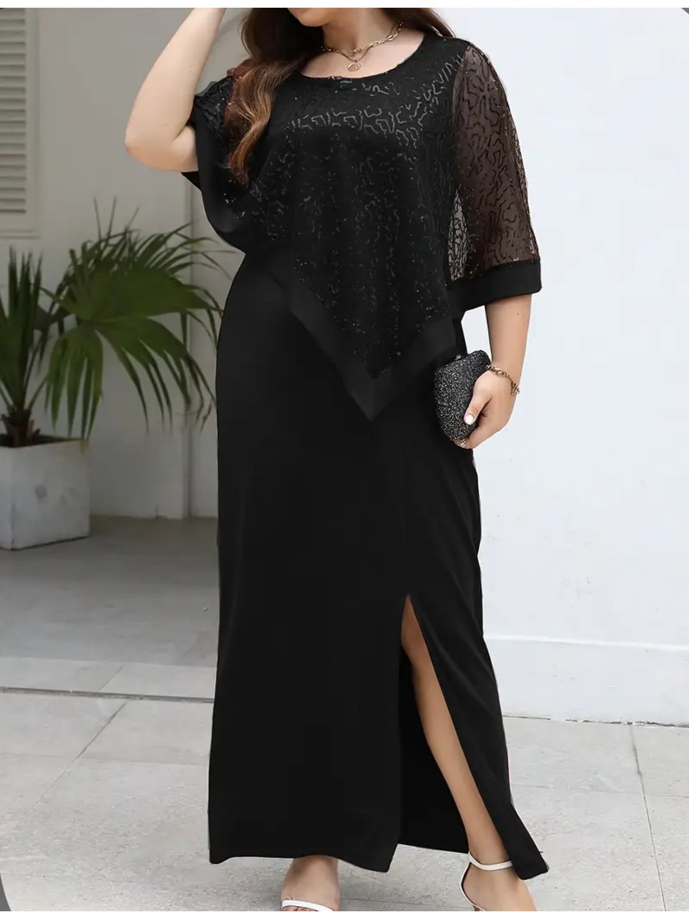Elegant Plus Size Sequin Batwing Evening Dress