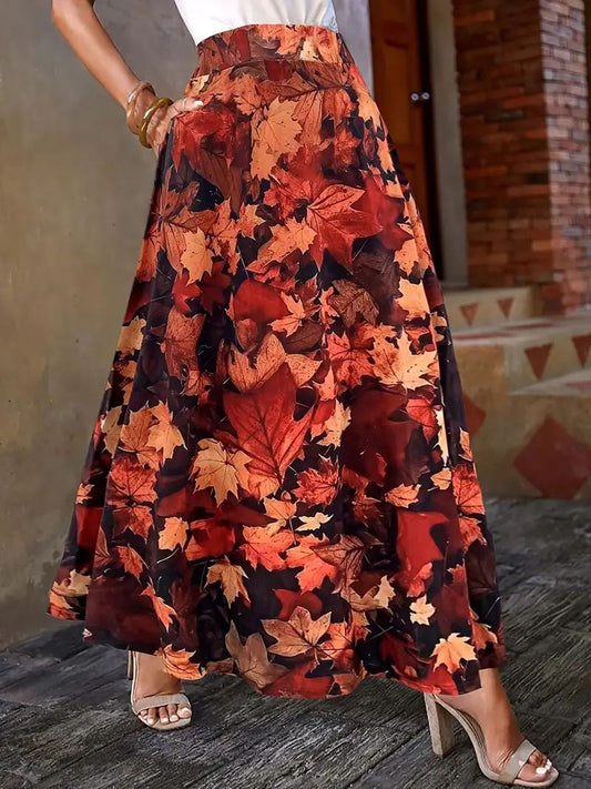 Plus Size Flared Skirt Pockets Leaf Print AllSeason Comfort