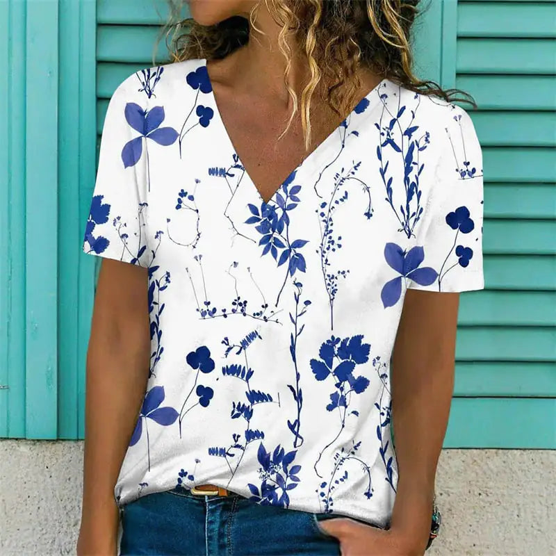 Women's Casual V-Neck T-Shirt with Floral Print