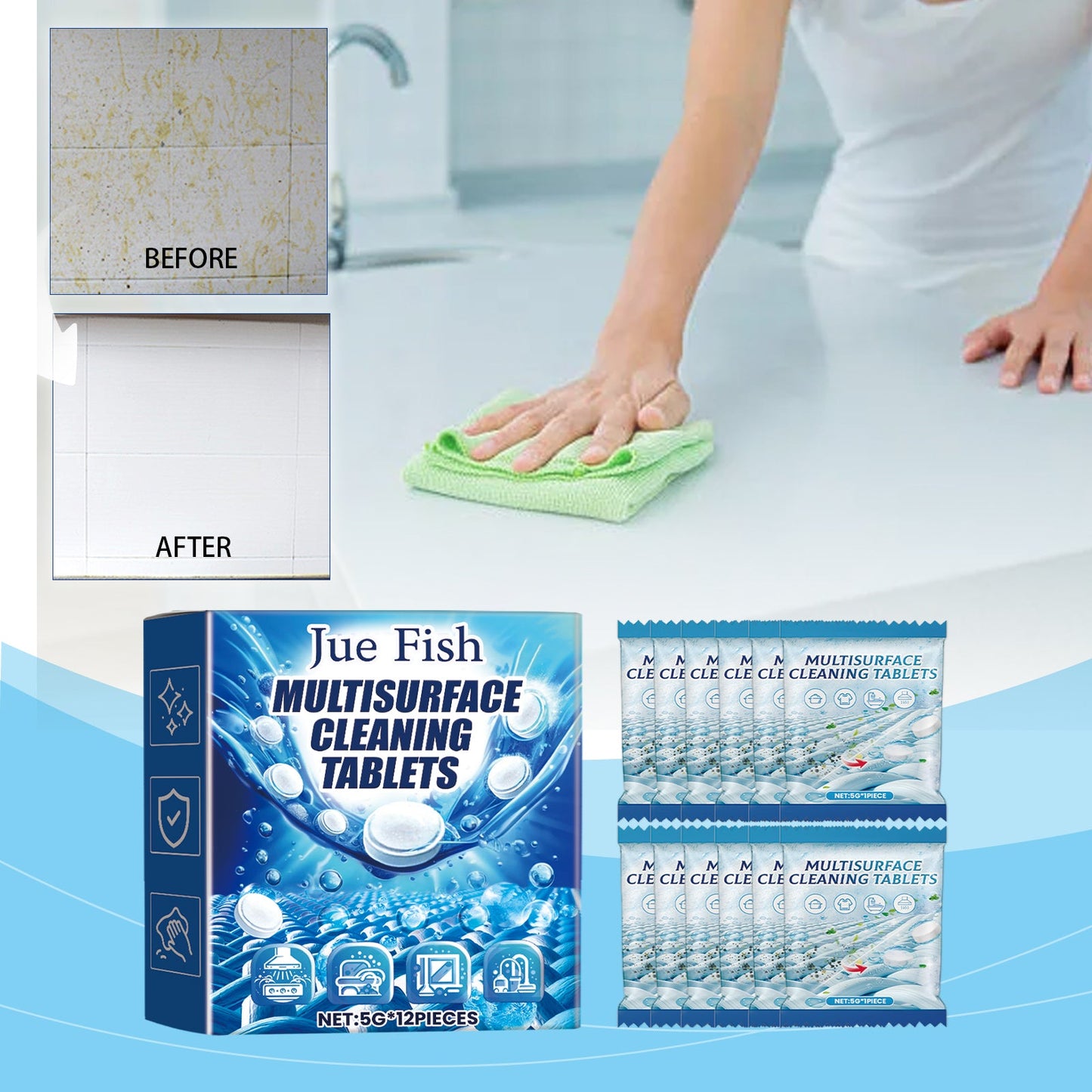 JUE FISH MultiSurface Cleaning Tablets, Kitchen Heavy Oil And Dirt Cleaning Stain Cleaner Effervescent Tablet