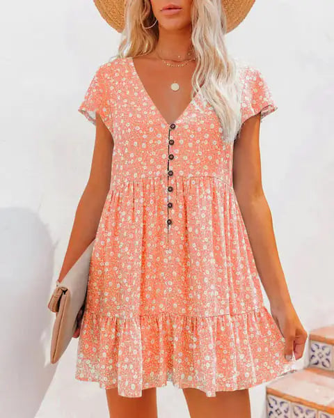 V-Neck Button Floral Short Sleeve Casual Dress