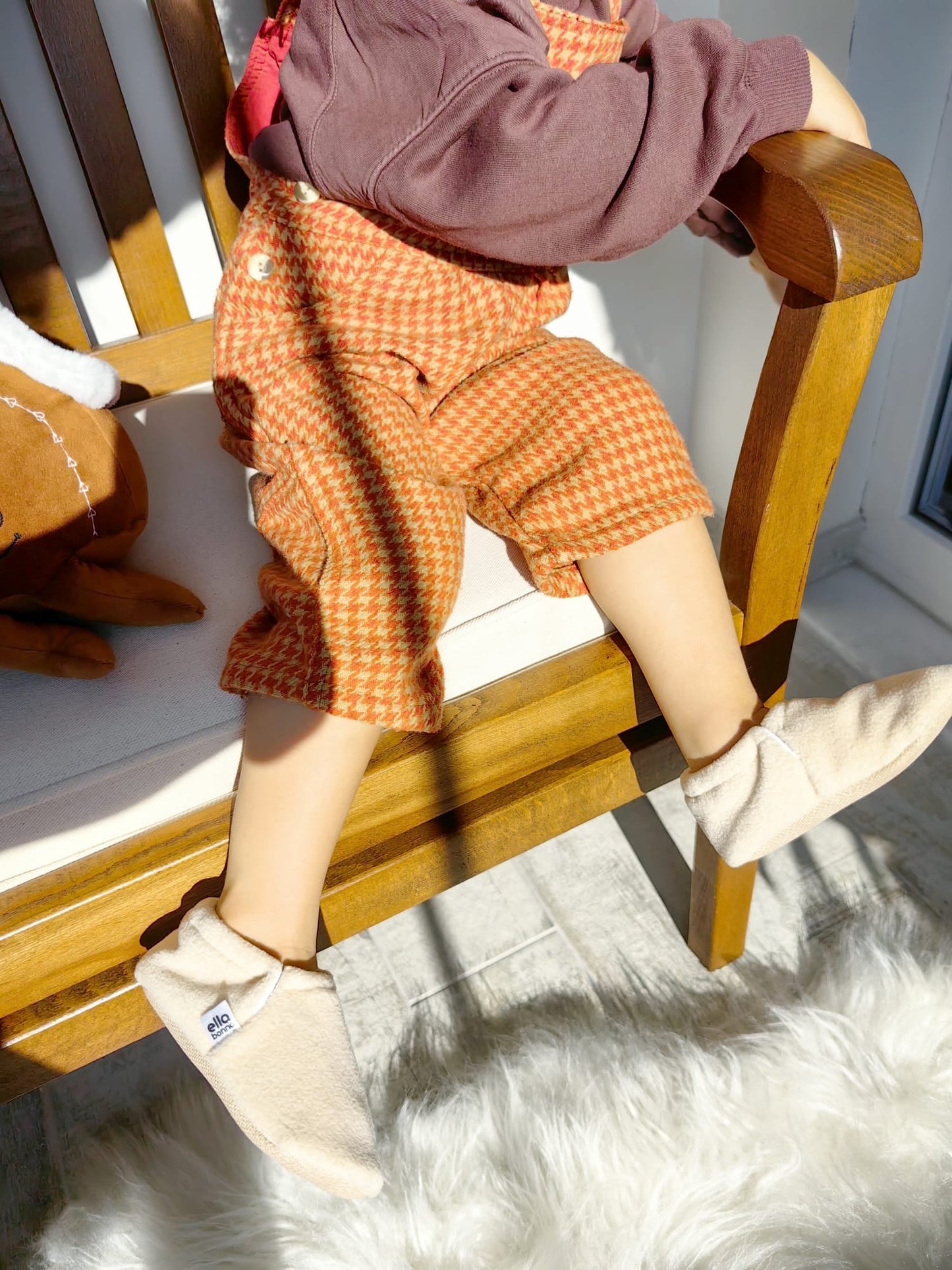 Fleece Baby House Booties, Non-Slip Sole, Organic Cotton Lining, Beige