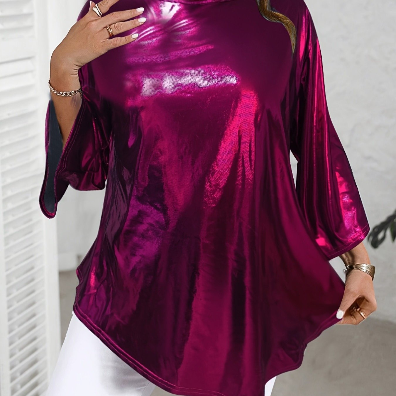 Metallic Asymmetrical 34 Sleeve Trendy Plus Size Top