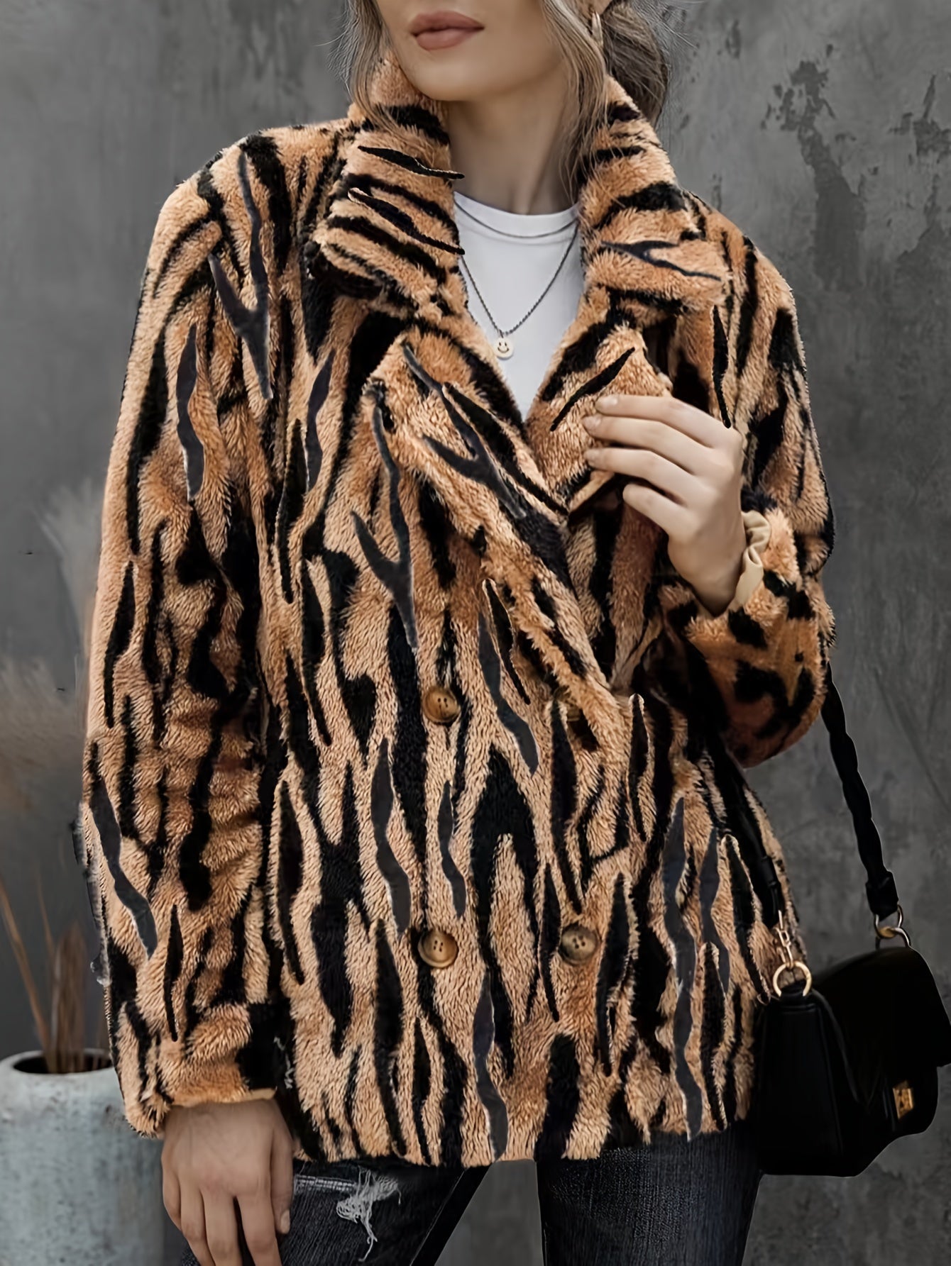 Plus Size Tiger Stripe Faux Fur Double Breasted Winter Coat