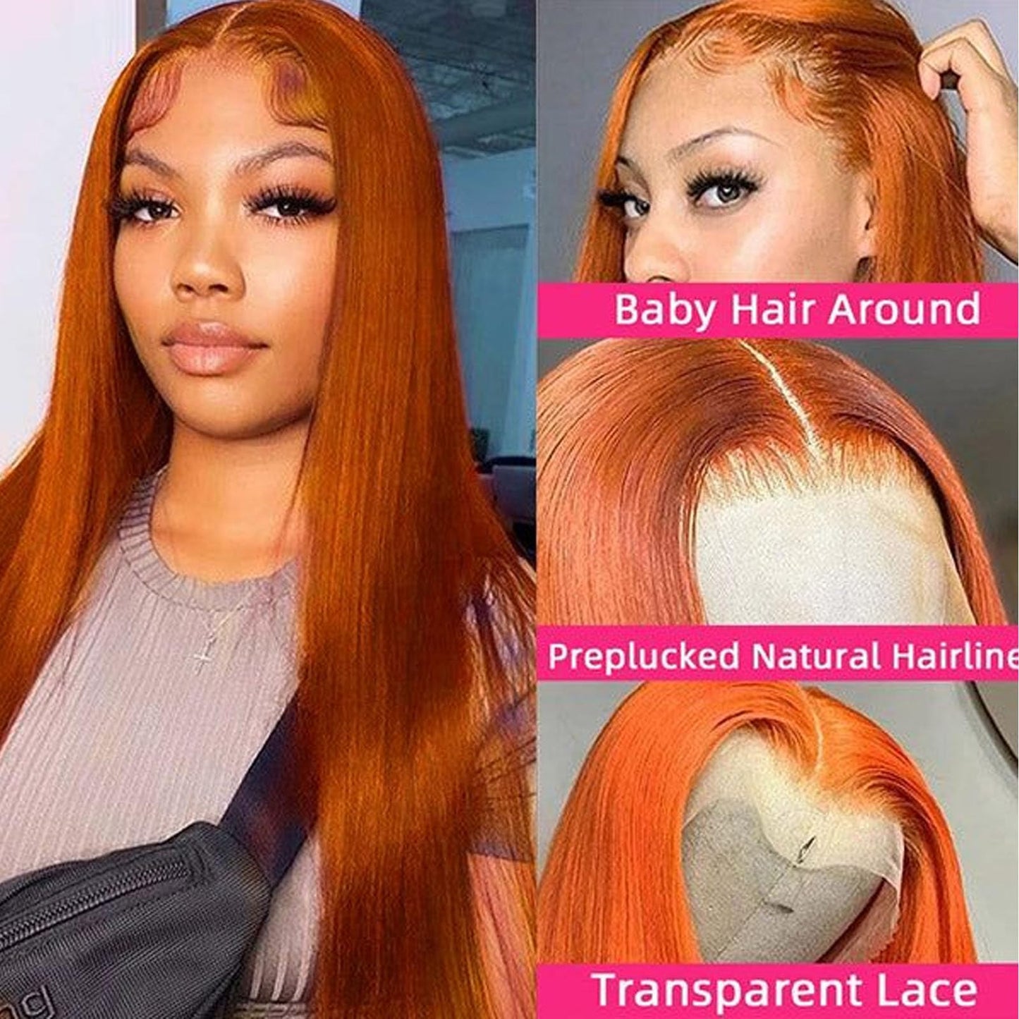 Fiumer Ginger Wig Human Hair 13x4 Straight Ginger Orange Lace Front Wigs Human Hair HD Transparent Lace Frontal 350 Colored Human Hair Wig Pre Plucked With Baby Hair 180% Density 28inch