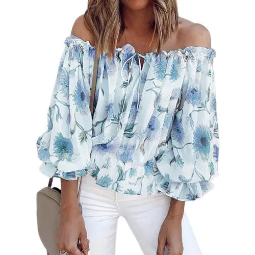 Women's Off-Shoulder Chiffon Print Long Sleeve Top
