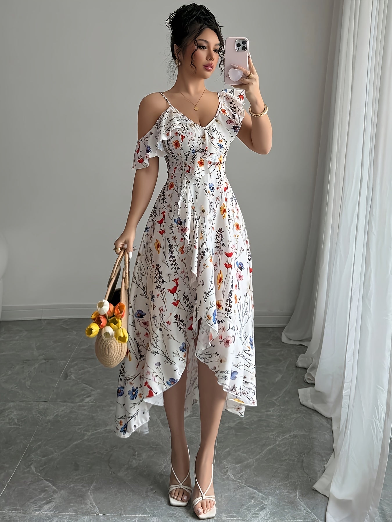 Elegant Ruffle Hem Floral V-neck Midi Dress