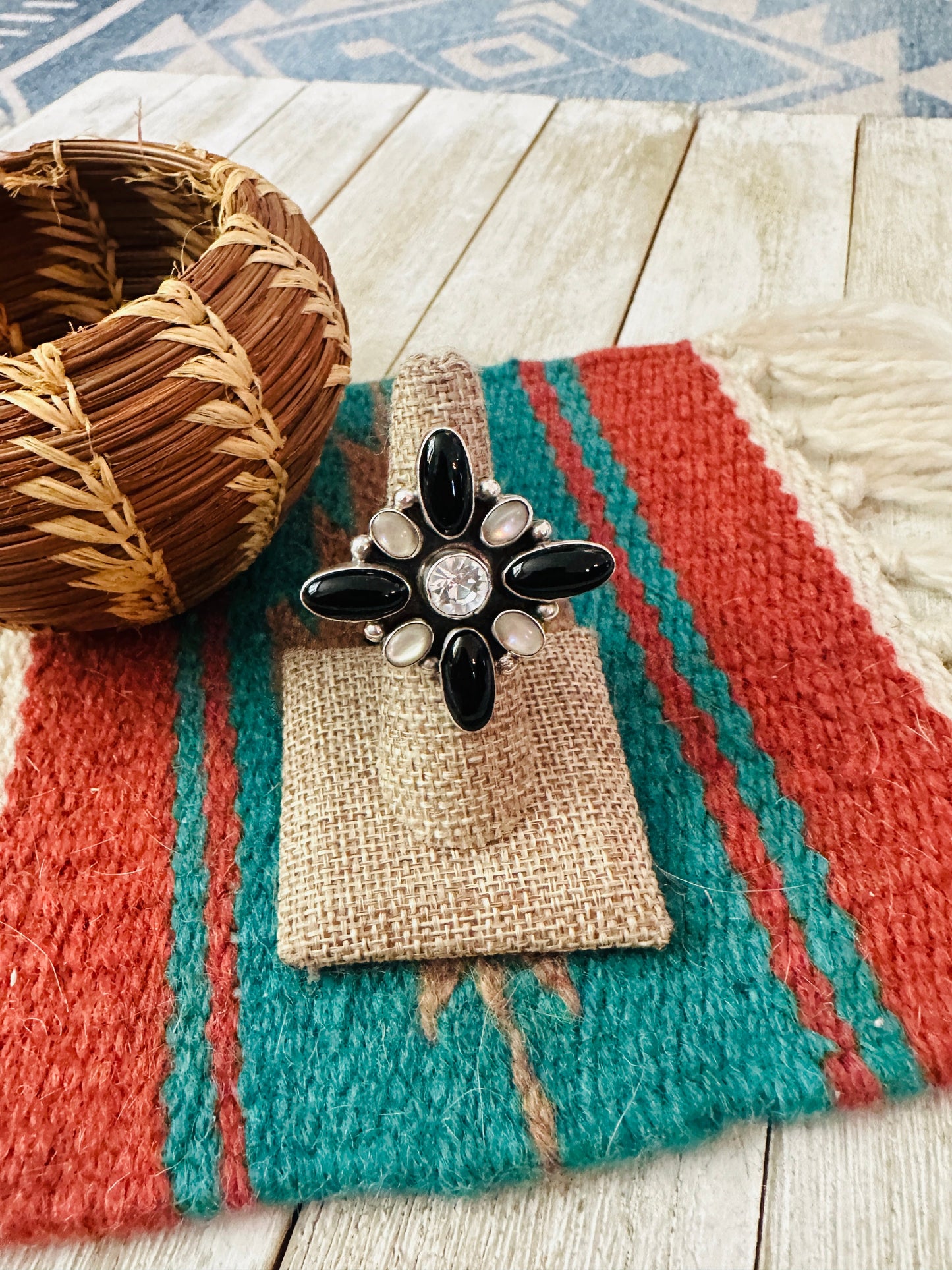 Handcrafted Onyx, Mother of Pearl, CZ & Sterling Silver Adjustable Ring by Jacqueline Silver