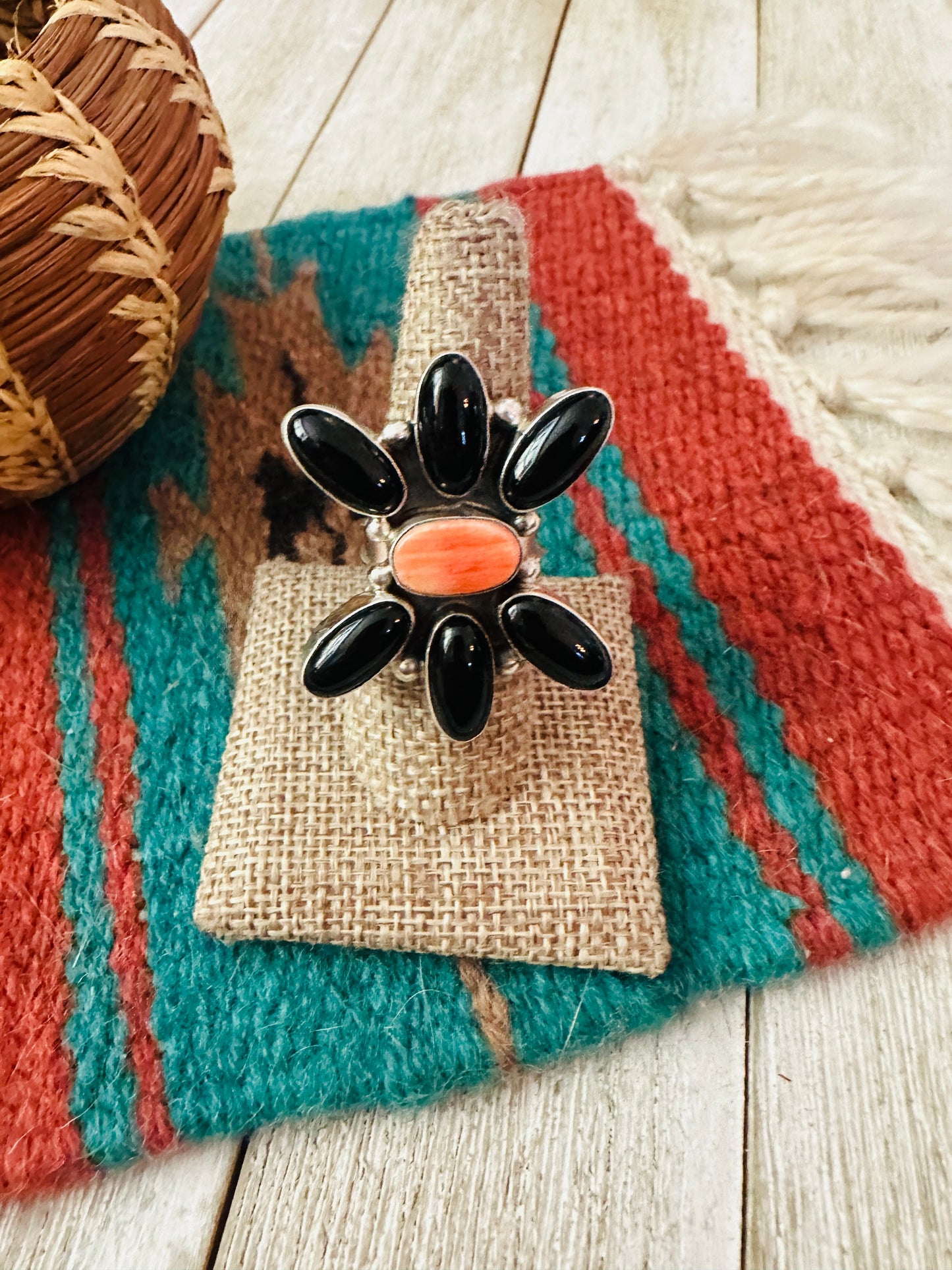 Handcrafted Onyx, Spiny Oyster & Sterling Silver Adjustable Ring by Jacqueline Silver