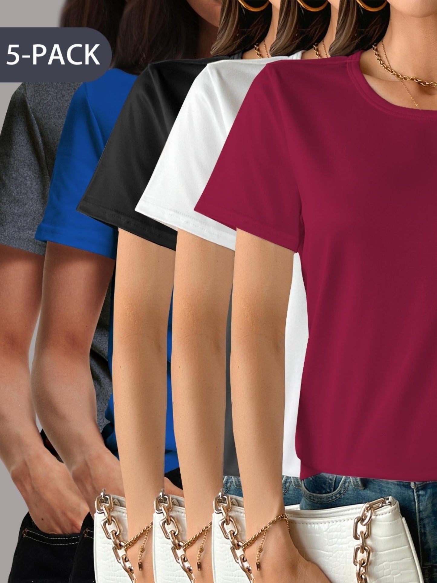 5Pack Womens Soft Stretch Casual Round Neck T-Shirts