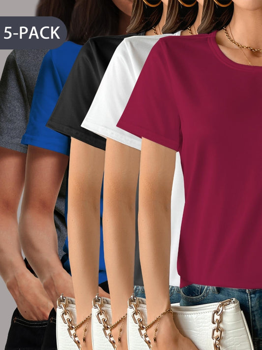 5Pack Womens Soft Stretch Casual Round Neck T-Shirts