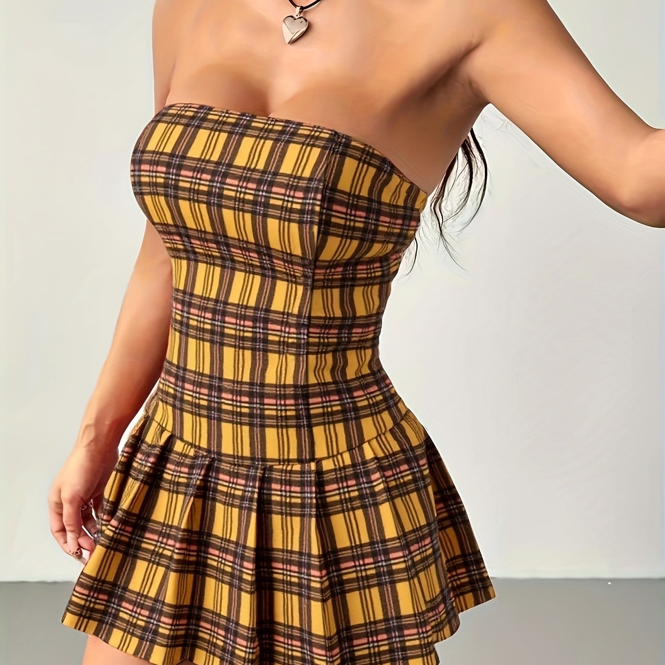 Sexy Yellow Black Plaid Strapless Summer Tube Dress