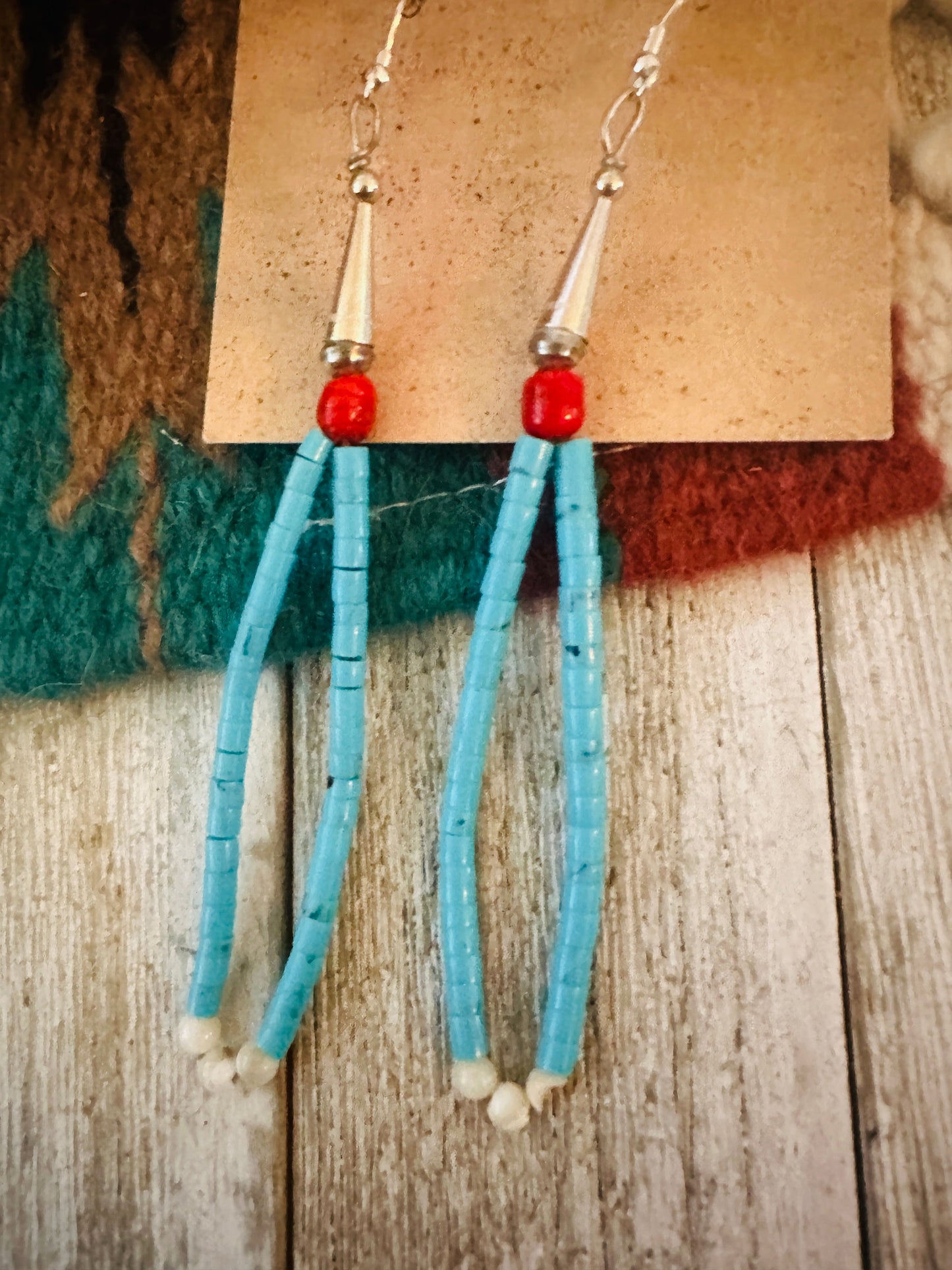 Handcrafted Old Pawn Turquoise & Coral Beaded Dangle Earrings