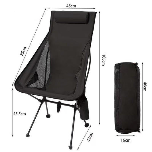 Folding camping chair with headrest. Lightweight, aluminum alloy, for travel and fishing. Outdoor furniture.