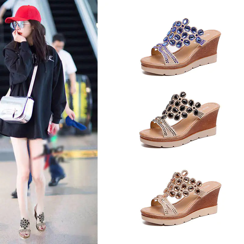 Rhinestone Platform Sandals and Slippers with Heels