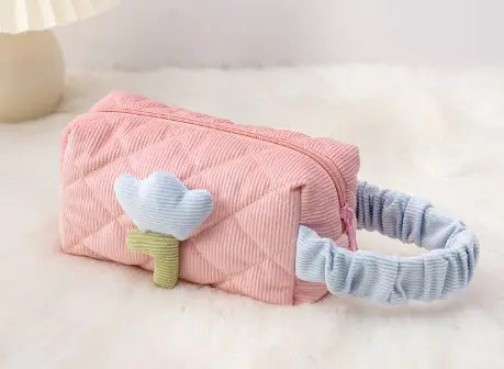 Set for Travel Corduroy Flower Makeup Bag and Beauty