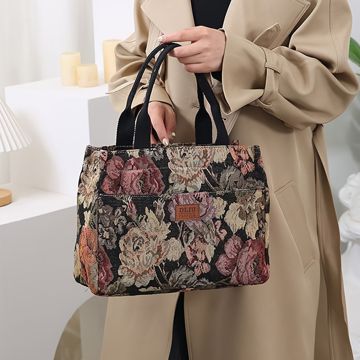 Chic Lunch Retro Floral Oil Painting Tote Commute Bag