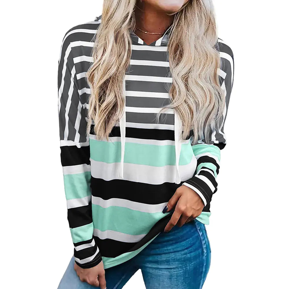 Women's Striped Hooded Casual Sweatshirt Top