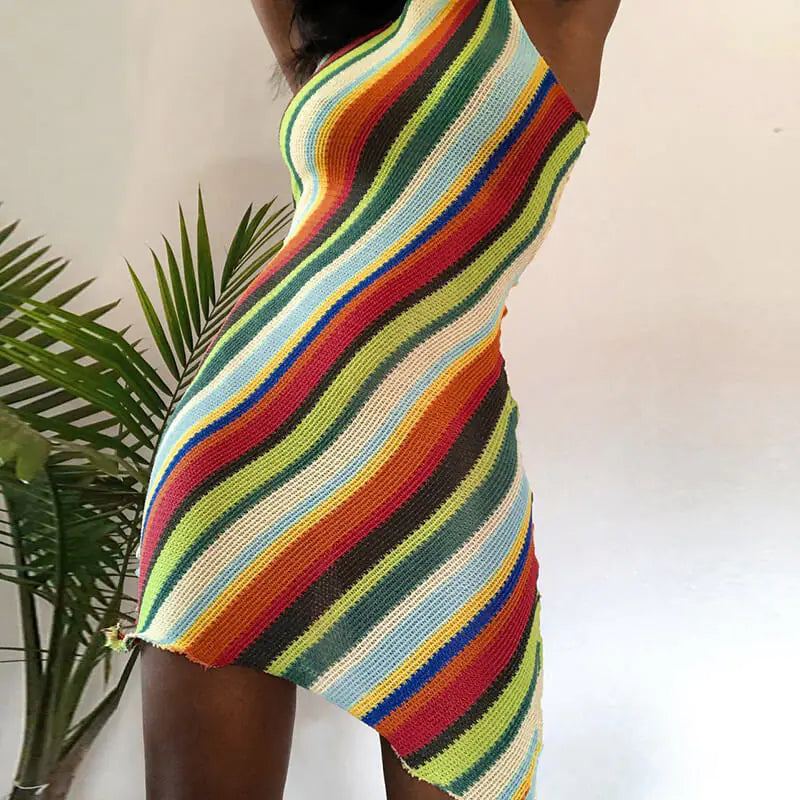 Women's Fashion Slim Sleeveless Round Neck Striped Dress