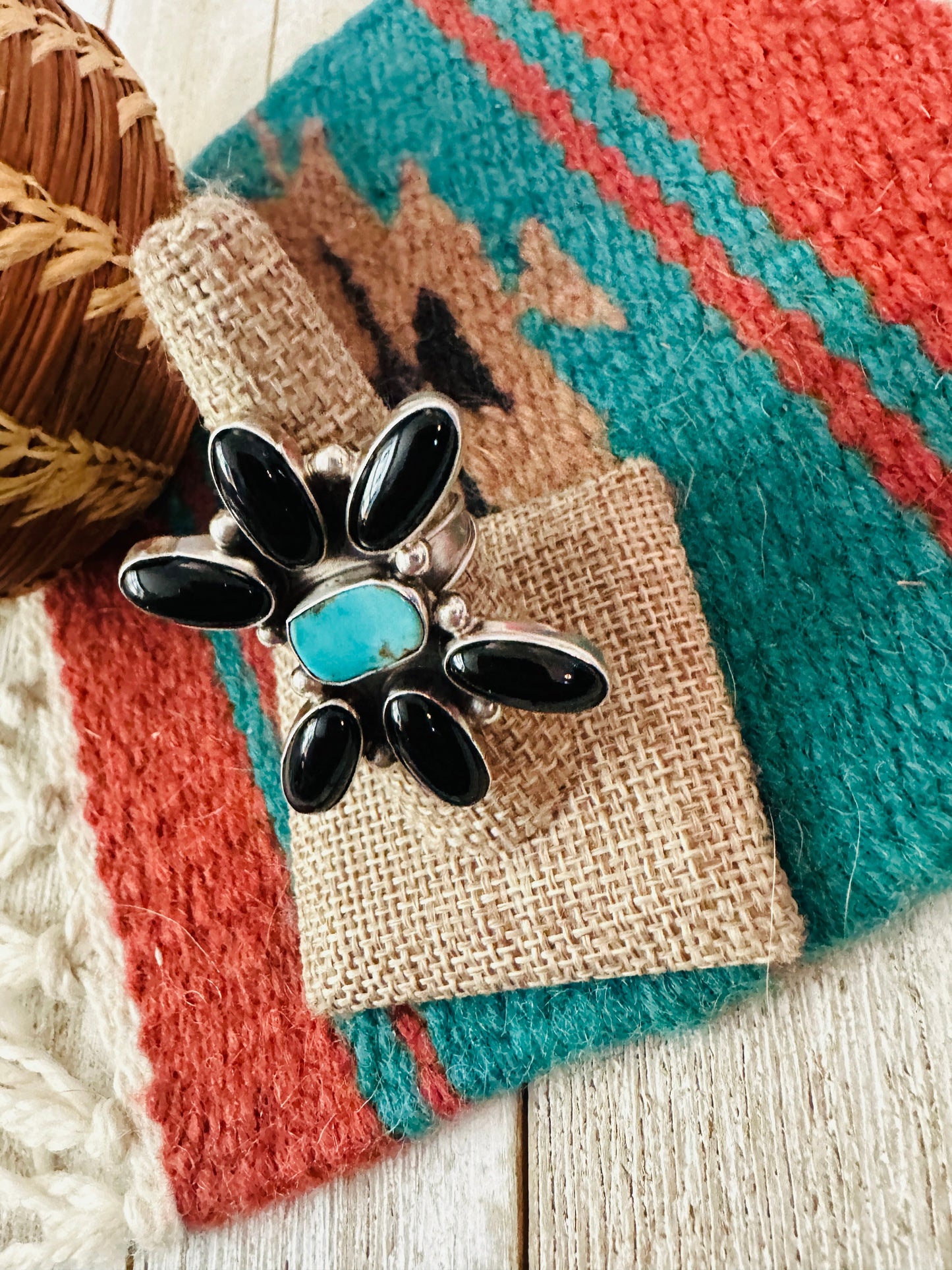 Handcrafted Onyx, Turquoise & Sterling Silver Adjustable Ring by Jacqueline Silver