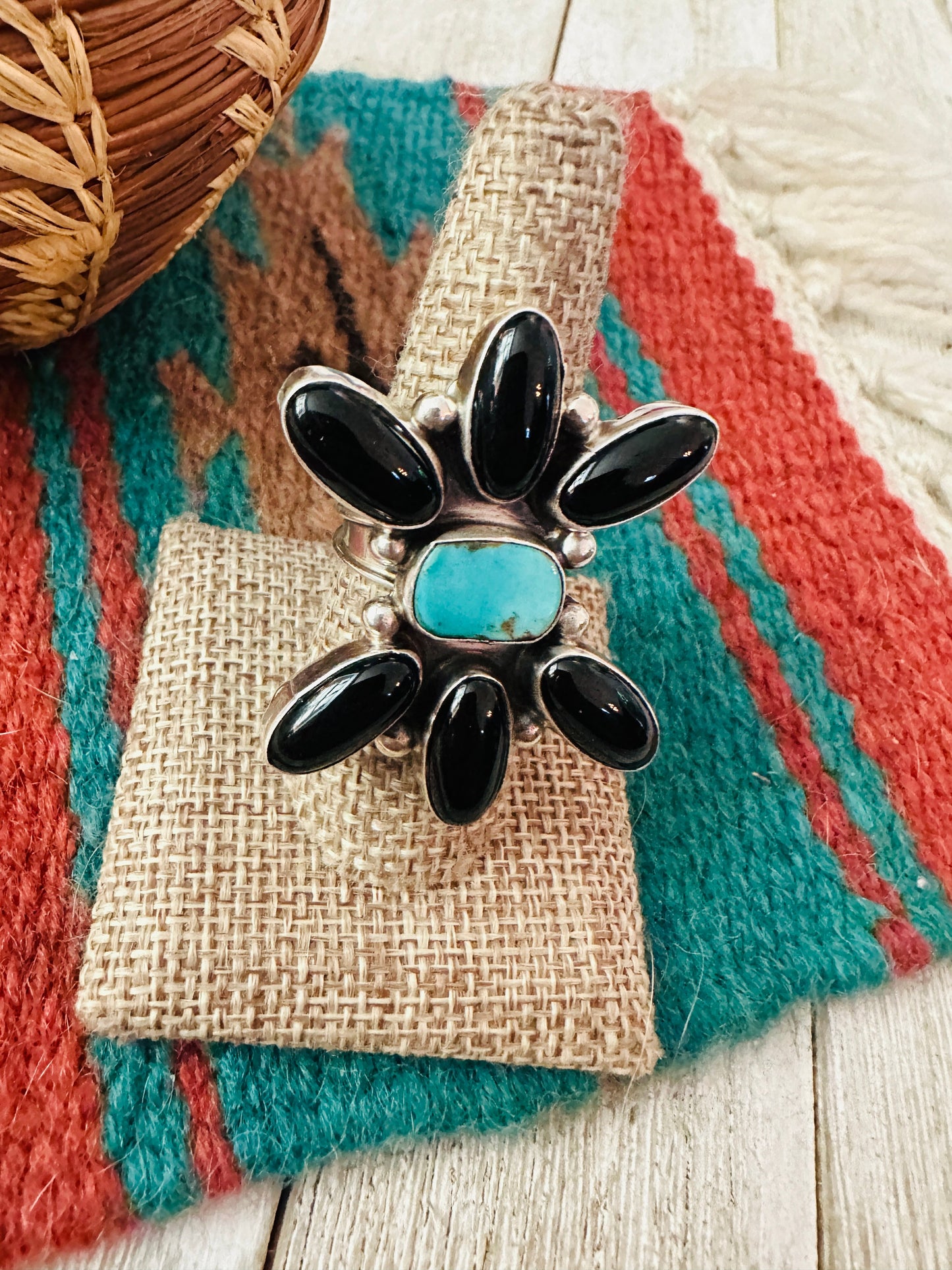 Handcrafted Onyx, Turquoise & Sterling Silver Adjustable Ring by Jacqueline Silver