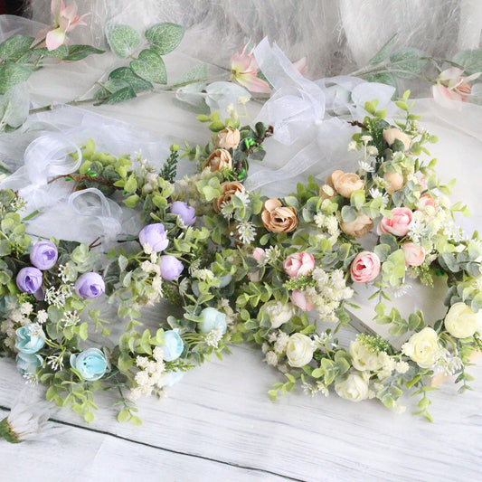 Forest style curled edge rose headband, simulated starry sky, eucalyptus wreath, bride's wedding dress, photography, headwear