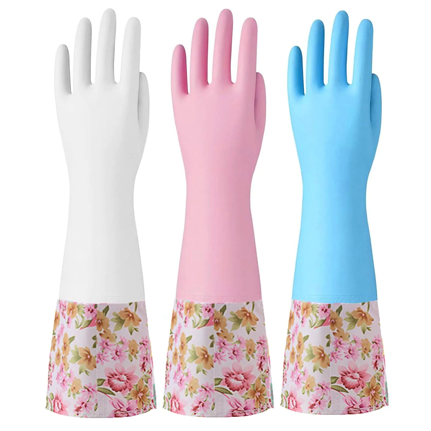 KINGFINGER 3 Pairs Rubber Cleaning Gloves Kitchen Gloves Large Dish Gloves with Flocked Cotton Liner Long cuff Household Cleaning Gloves for Washing Dishes(Blue White Pink)