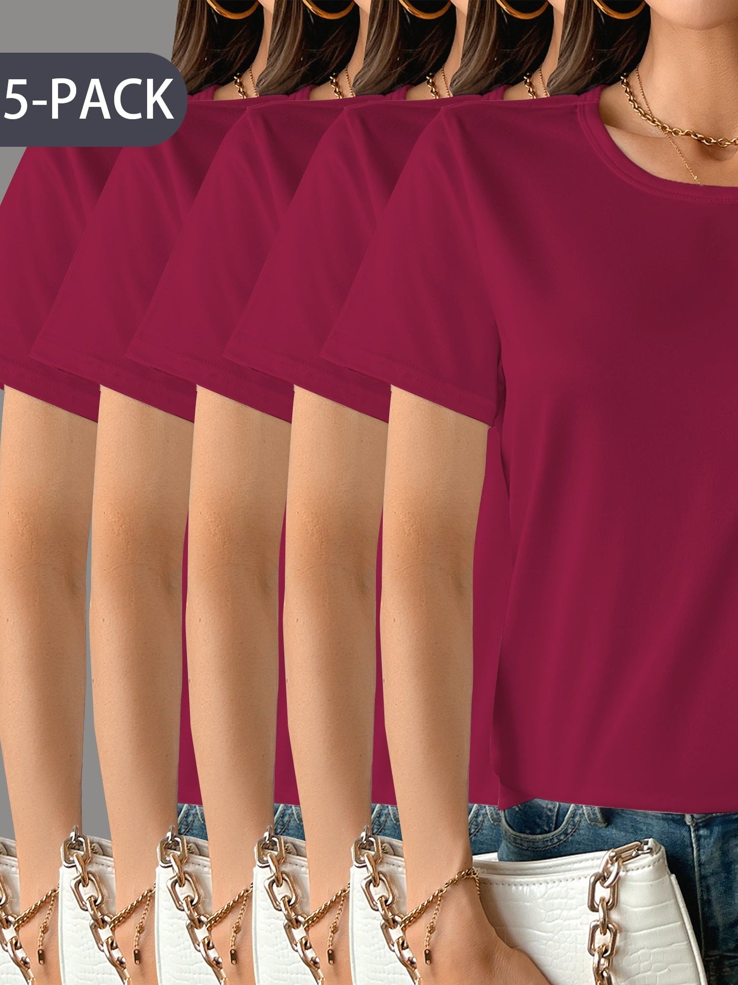 5Pack Womens Soft Stretch Casual Round Neck T-Shirts