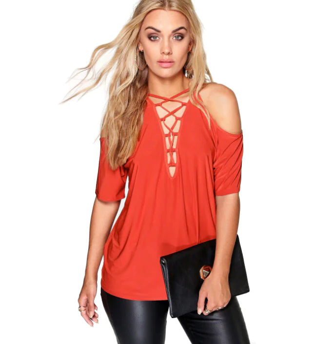 V-Neck Short Sleeve Autumn Top with Shoulder Tie for Women