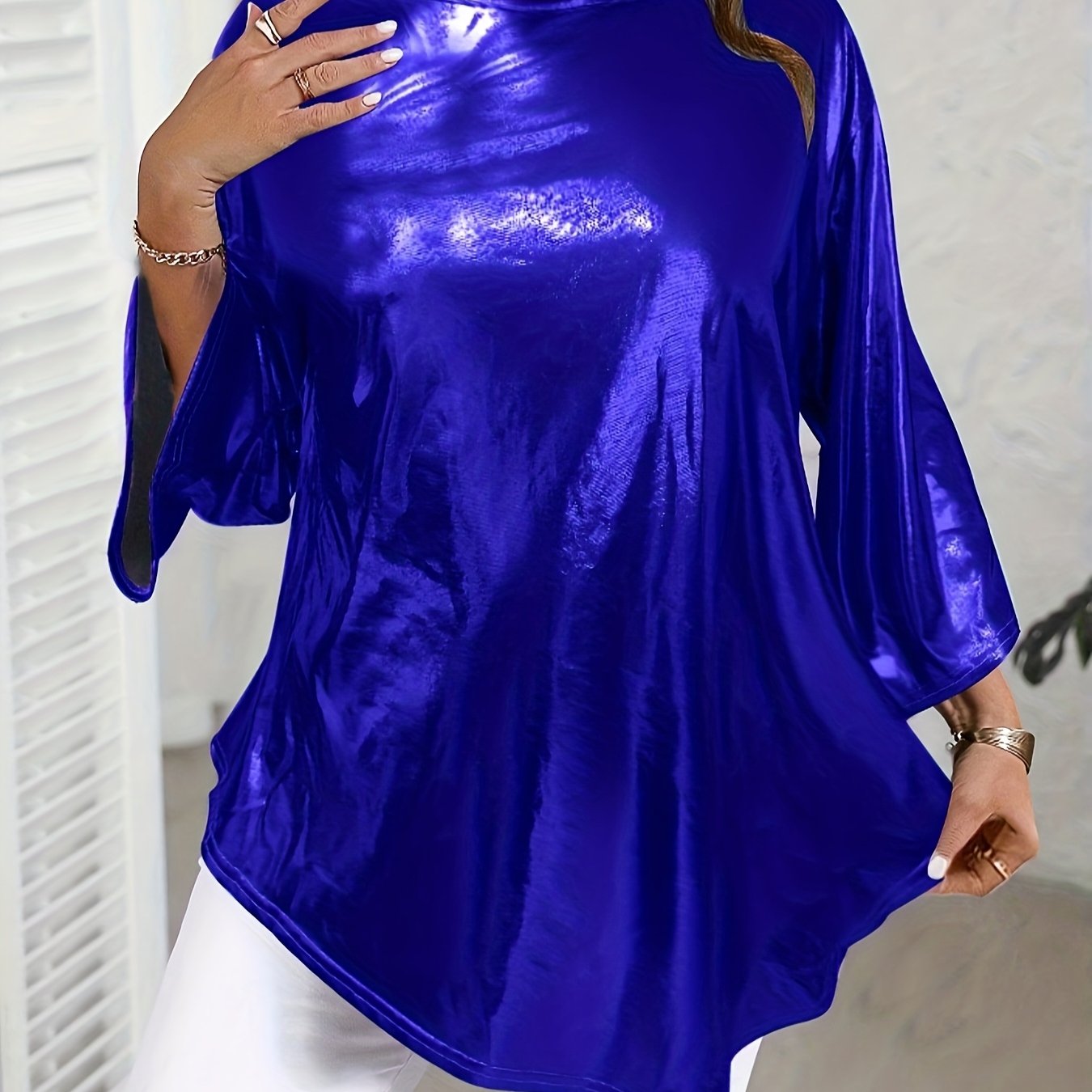 Metallic Asymmetrical 34 Sleeve Trendy Plus Size Top
