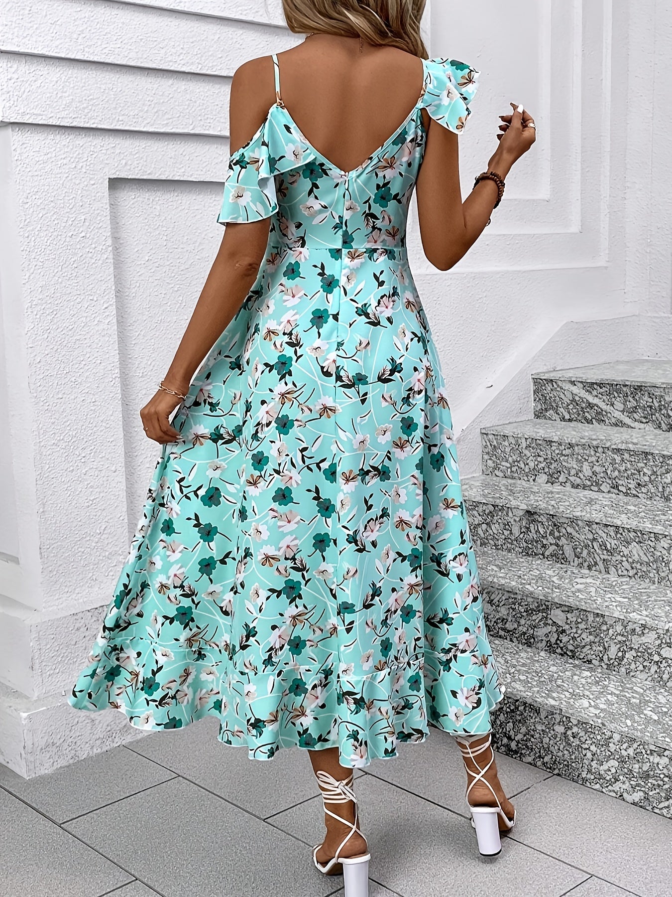 Elegant Ruffle Hem Floral V-neck Midi Dress