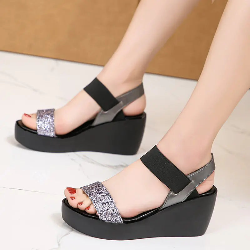 Wedge Heel Sequined Platform Sandals for Women