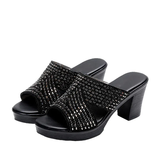 Rhinestone Platform Thick Heel High Heels