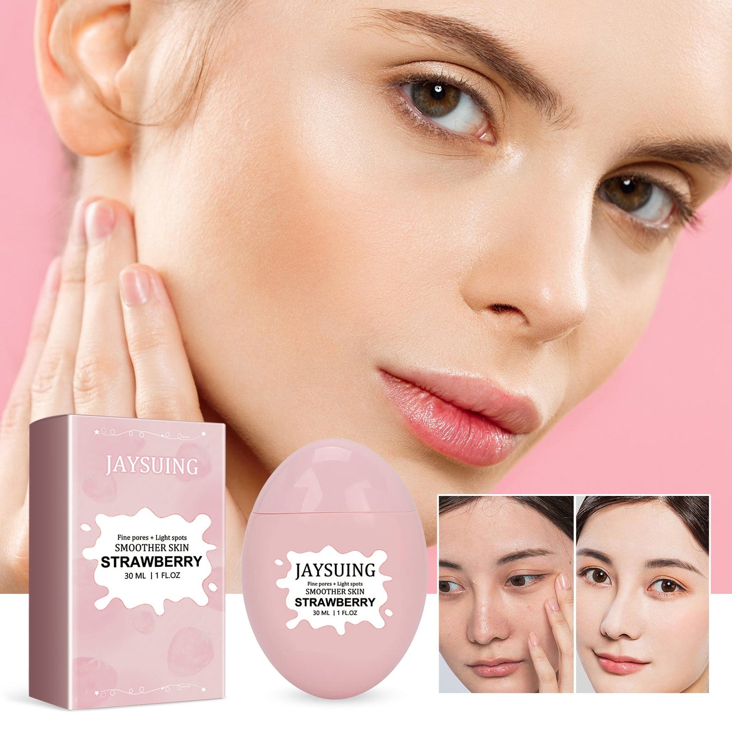 JAYSUING Strawberry Bha Pore-Smooth Face Serum, Carry Bright Color Of Skin To Improve Dark Heavy Fine Pores Hydrating Essence