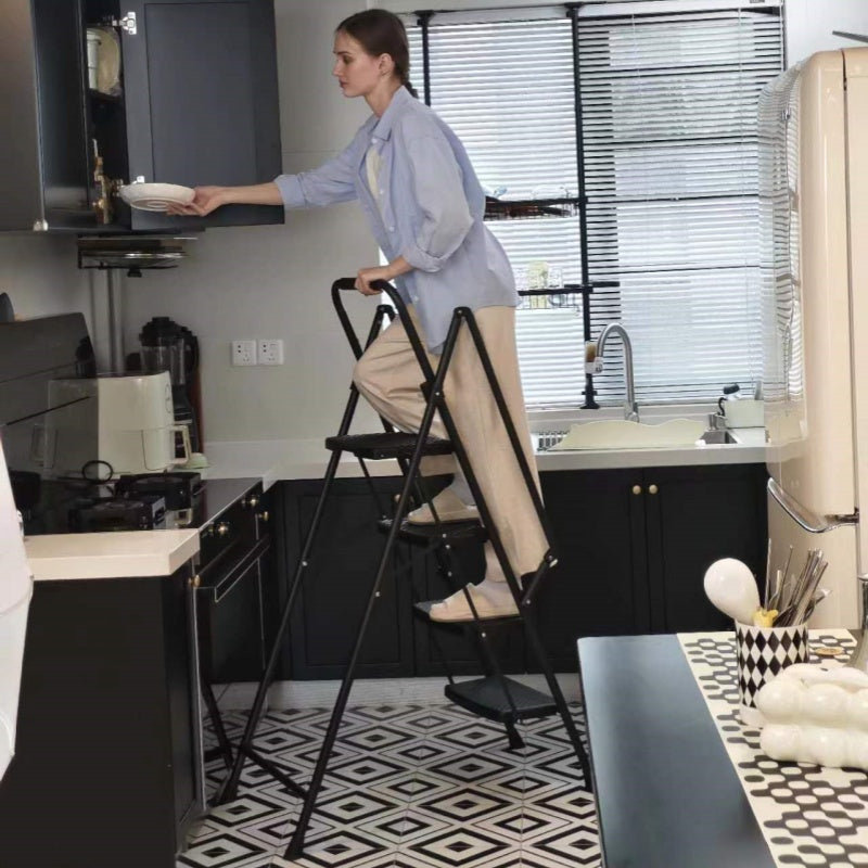 Four step ladder, lightweight folding four step stool, wide anti slip pedal and safety handle, sturdy steel ladder