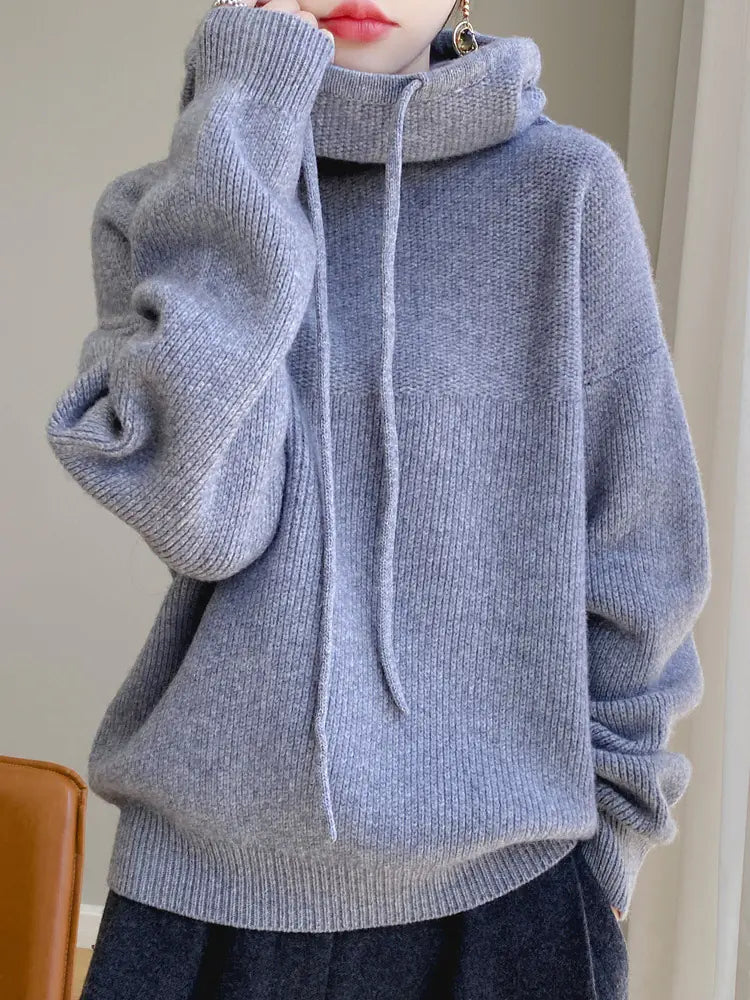 Thick Wool Hooded Sweater for Women - Cozy Knitted Top