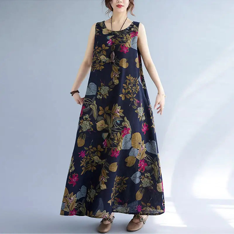 Women's Printed Cotton Linen Sleeveless Round Neck Dress