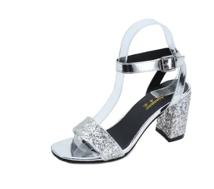 Style Open Toe Chunky Heel Rhinestone Pumps