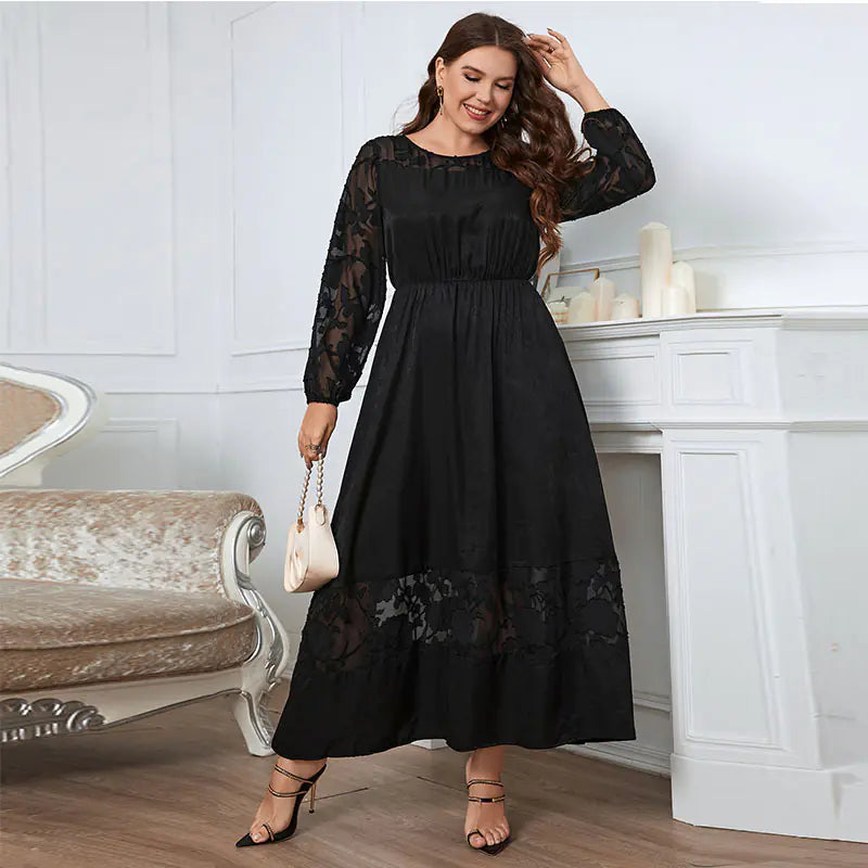 Plus Size Lace Midi Dress for Fall - Long Sleeve Elegance