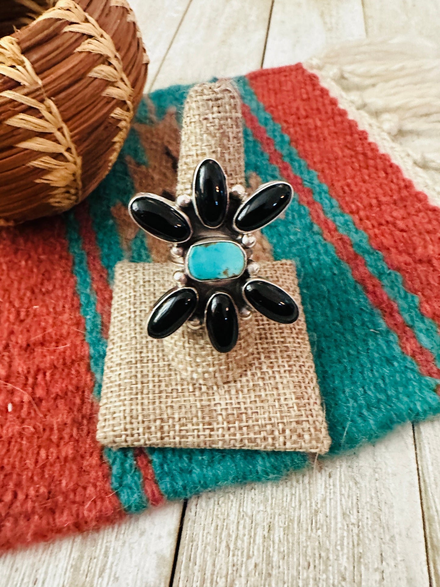 Handcrafted Onyx, Turquoise & Sterling Silver Adjustable Ring by Jacqueline Silver