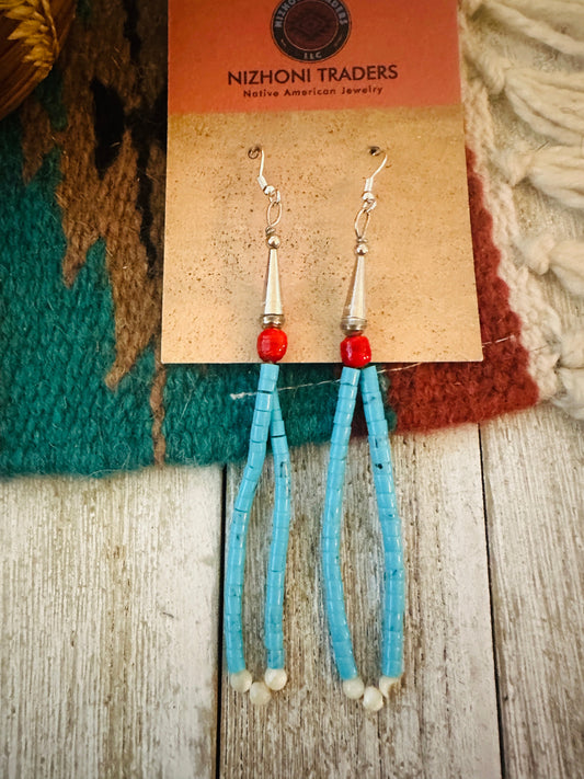 Handcrafted Old Pawn Turquoise & Coral Beaded Dangle Earrings