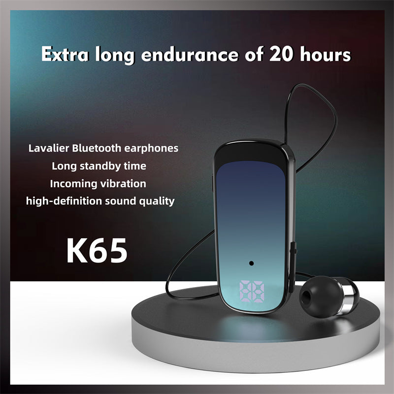 K65 Collar style Telescopic Cable Bluetooth Earphones In Ear Digital Display Long Range Business Single Ear Earphones 5.2