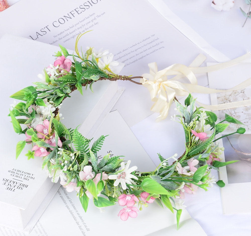 Forest style headwear with super fairy texture, simulated rose headband, flannel, rolled edges, rose green leaf garland