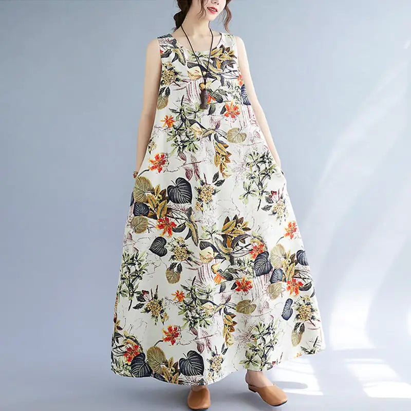 Women's Printed Cotton Linen Sleeveless Round Neck Dress