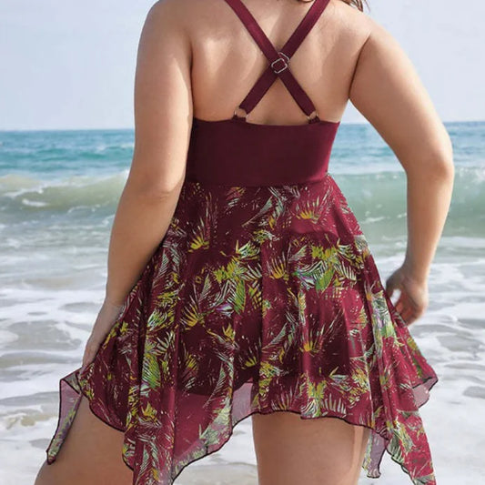 Plus Size Women's Backless Cross Print Swim Dress