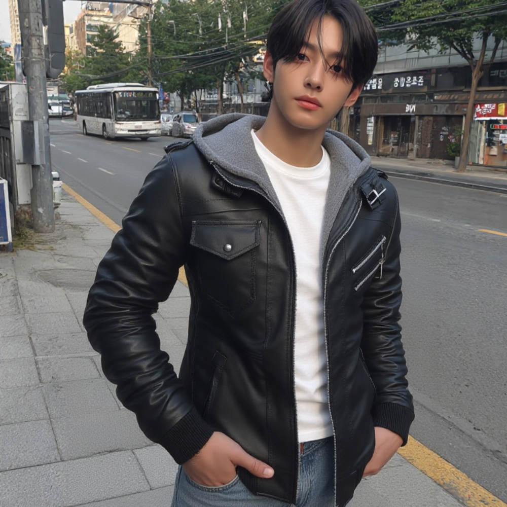 Mens Hooded Faux Leather Biker Jacket