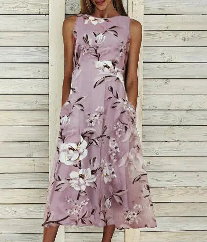 Floral A-line Dress with Round Neck and Mid-length