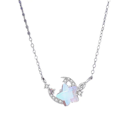 S925 Silver Moon and Flower Pendant Necklace